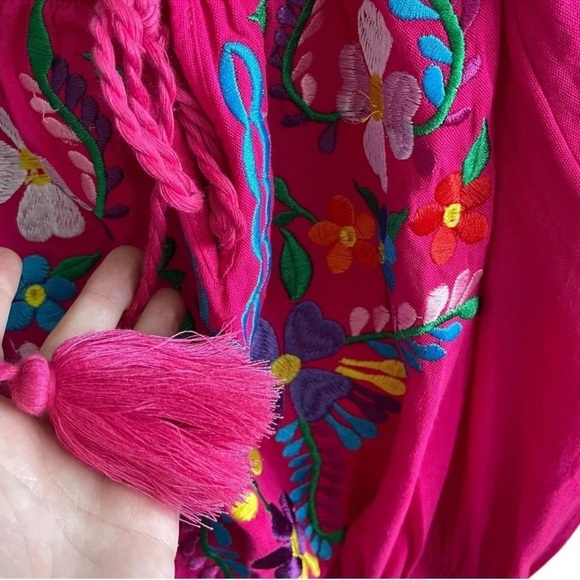 Mexican Embroidered Pink Elastic Waist 3/4 Sleeves Crochet Cotton Mini Dress S/M - Picture 9 of 12